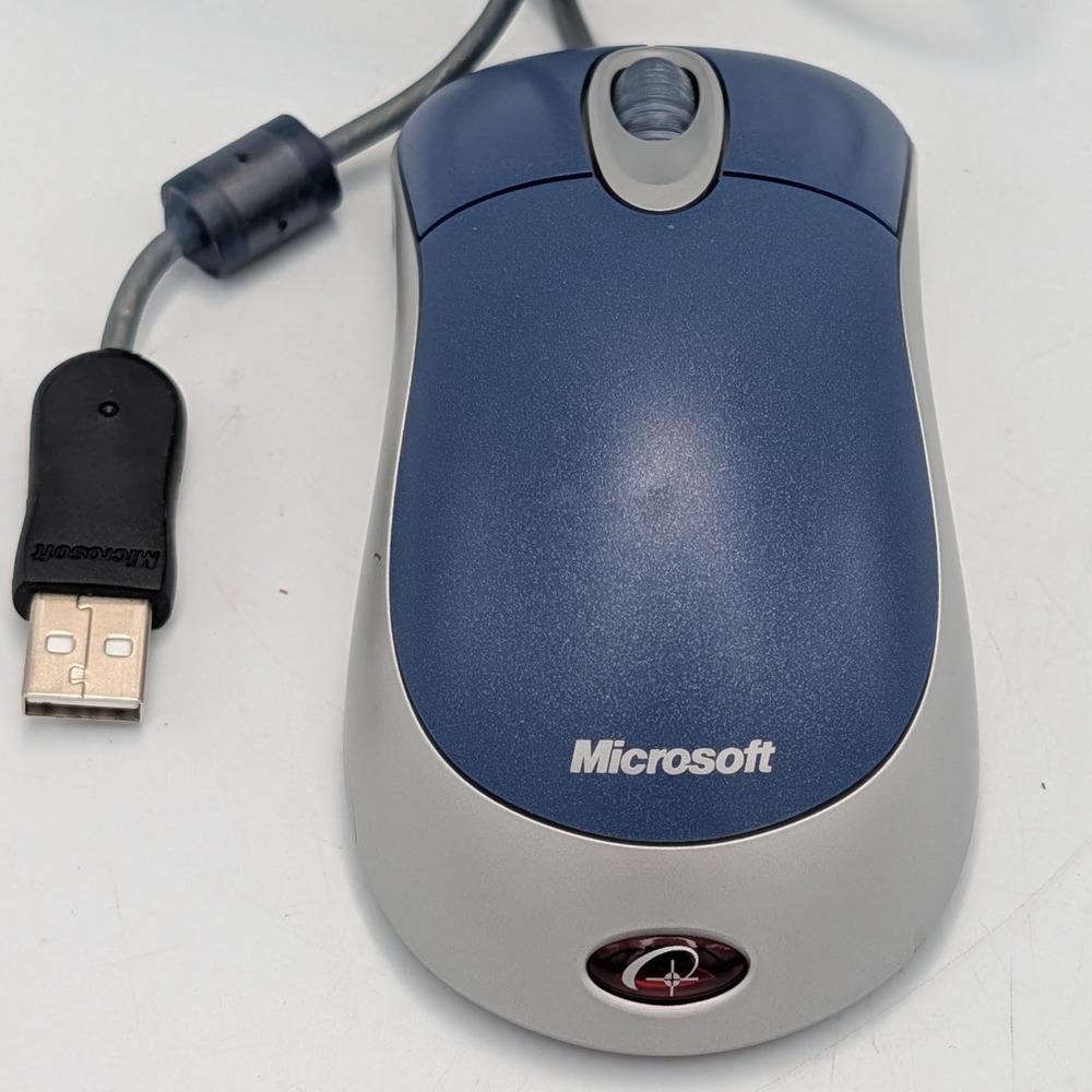 Microsoft Optical Mouse Blue Wired USB X802652 Y2K Retro Gaming Tested Works